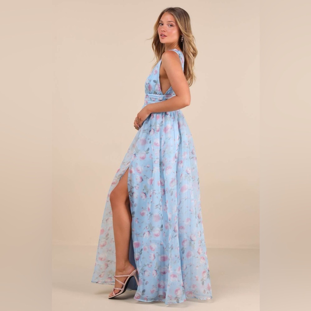 LULU’S Garden Romance Light Blue Floral Print Organza Maxi Dress - Picture 2 of 6